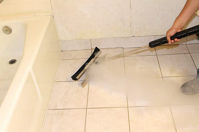 Cleaning tile grout in a commercial facility with a special steam mop squeegee