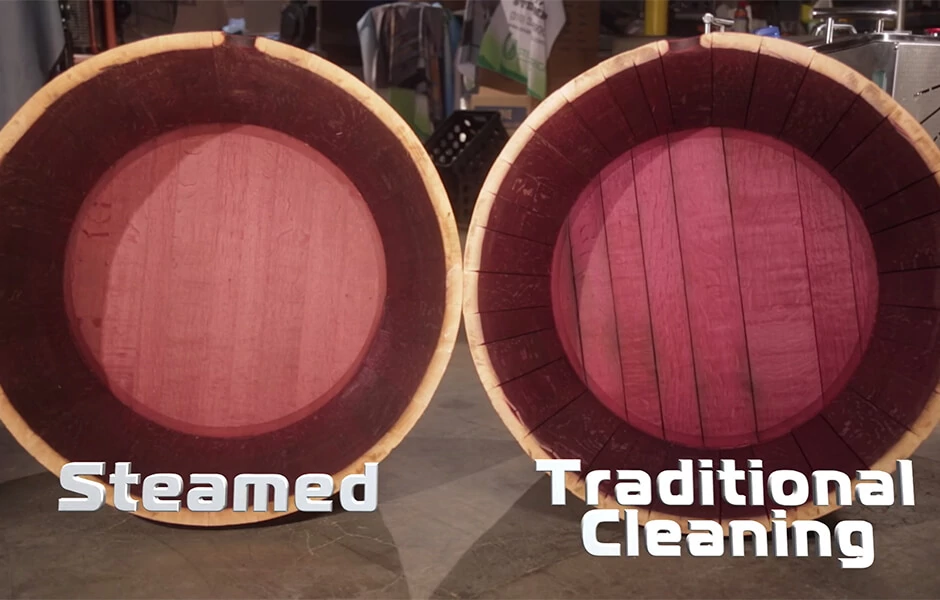 2 barrels cut in half, 1 is sanitized with steam the other is cleaned traditionally. The steamed barrel has less residue & no gaps between staves